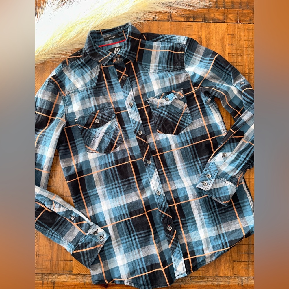 Rock & Republic Women’s Blue plaid Orange Long Sleeve Button Up Shirt